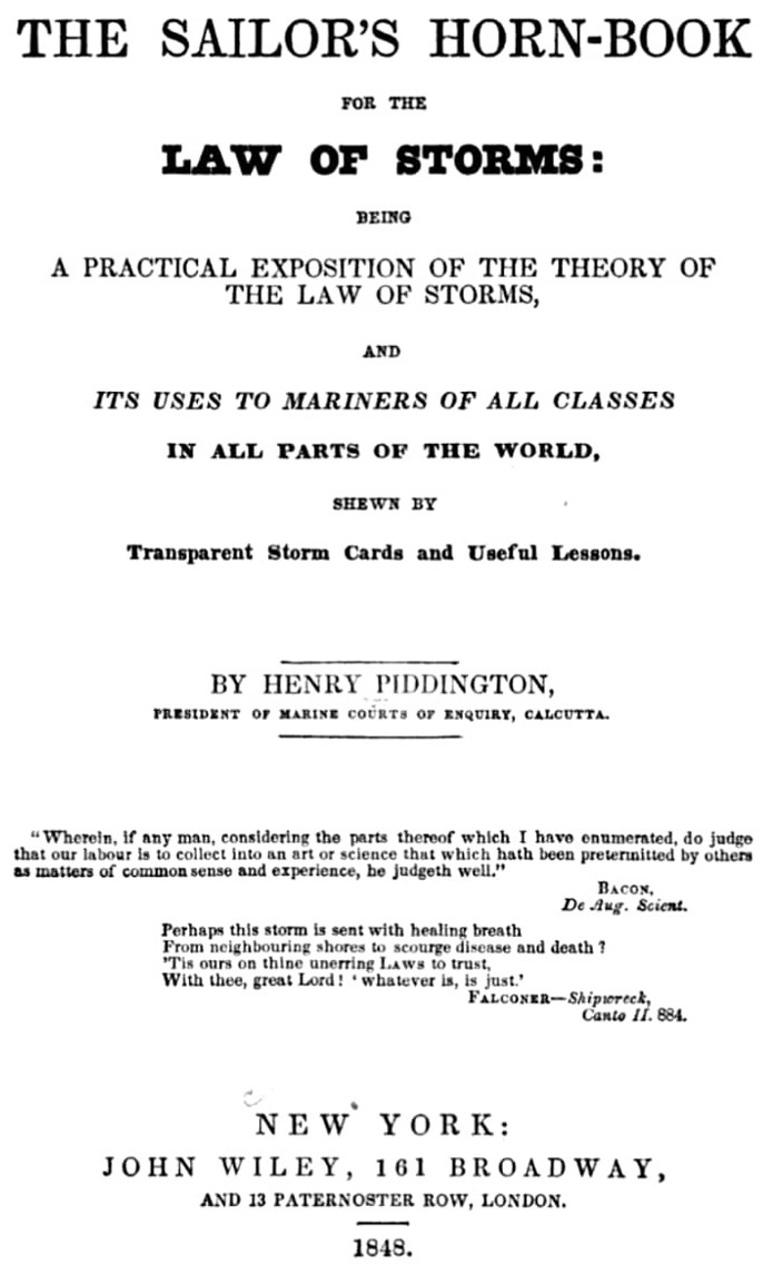 Title page of the 1848 edition of the book, The Sailor's Horn-Book for the Law of Storms by Henry Piddington.
