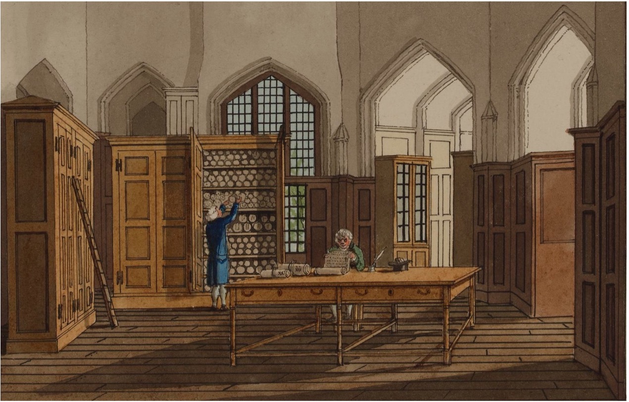 View of the interior of the Record Office, in the Tower of London; a man sits reading scrolls at a large desk in centre of room, another replaces scrolls into a large cupboard at back of room. 1801. Drawn by: Charles Tomkins. © The Trustees of the British Museum