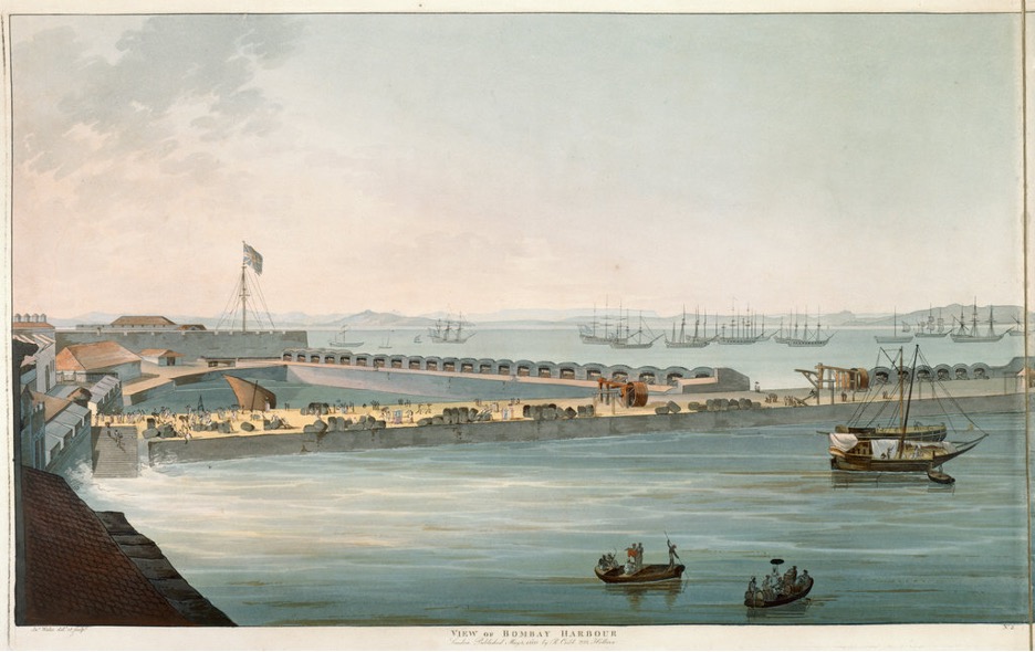 An aquatint of Bombay Harbor by James Wales, completed around 1791-92, shortly after this project's period of study. Courtesy of the British Library, X 436.