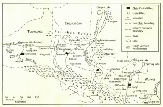 Hexi Corridor in Han Dynasty. Source: Chang, Chun-shu. 2007. The rise of the Chinese Empire Volume 2. Note: in this map, for Tun-huang read Dunhuang, Chang-yeh is Zhangye, Chiu-chuan is Jiuquan.
