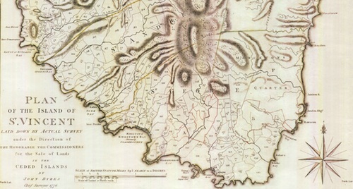 John Byres, "Plan of the Island of St Vincent laid down by actual survey under the direction of the Honorable Commissioners for Sale of Lands by John Byres (London: S. Hooper, 1776). Courtesy Map Collection, The British Library, London, Maps K.Top.123.95.a.b.2.