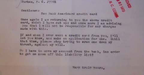 Angry letter from recipient of an unsolicited bank credit card. Senate Banking and Currency Committee Records, 91st Congress, National Archives I, Washington, DC. 