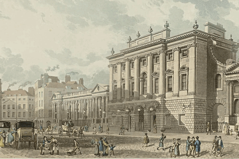 Daniel Havell, after Thomas Hosmer Shepherd, A view of the Bank of England (Gezicht op de Bank of England, Londen), 1816, Rijksmuseum, Netherlands, Public Domain (image cropped). Source: https://www.europeana.eu/en/item/90402/RP_P_2010_229