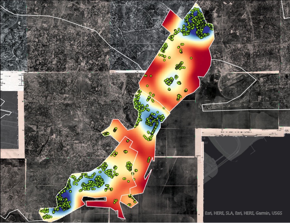 Cluster analysis of hotspots based on urban greenery in Singapore (1950). Map by Marcus Yee; basemap by Historical Maps of Singapore, 1950 - Singapore [ca. 1:6,336] Aerial Photographs. 